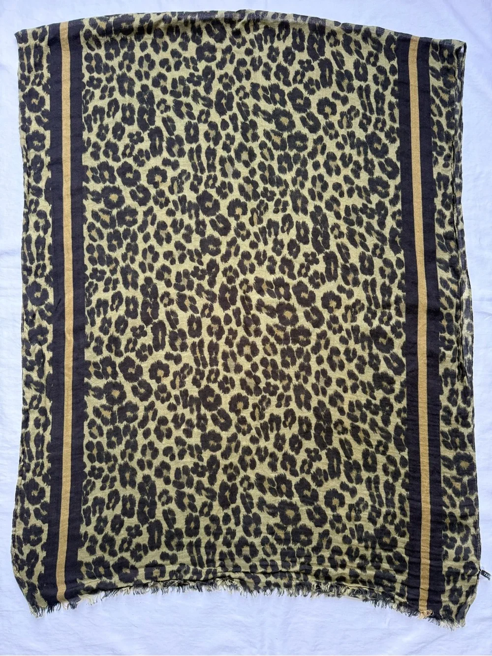 Talbots Olive Black Leopard Animal Print Modal Cotton Knit Scarf Fringe 72x28